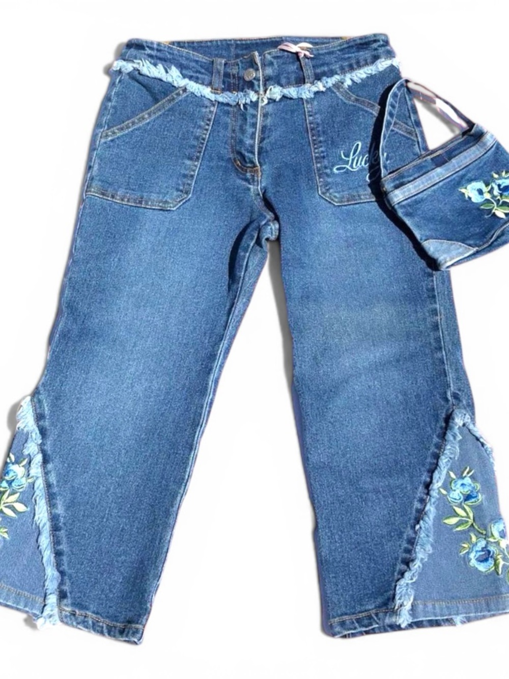 Lucky Brand Brand Blue Embroidered Denim capris with matching mini purse